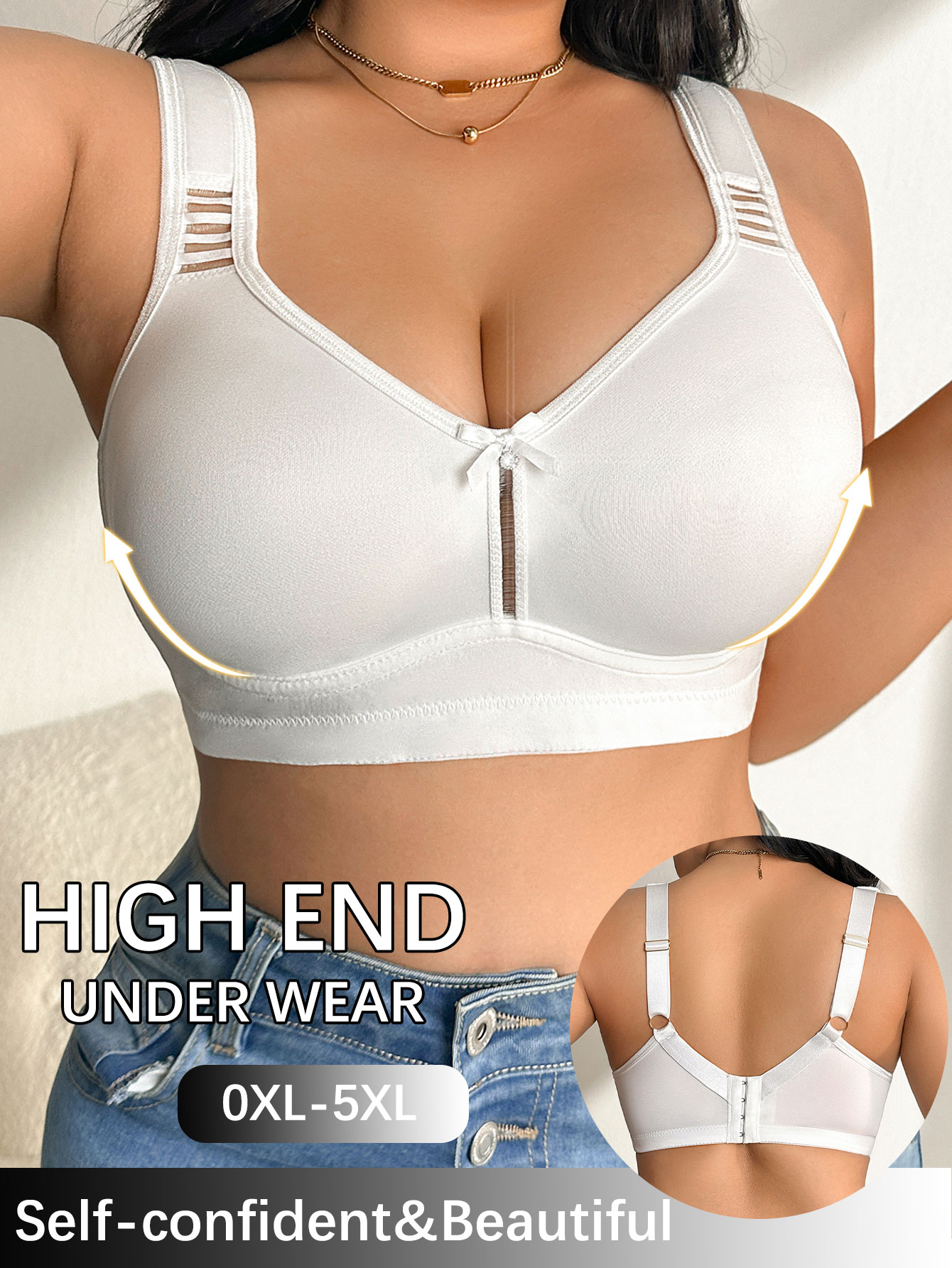 Push Up Bra Padded - プラスサイズ対応、ワイヤーなし、幅広でサポート力のあるストラップ、無地、バストを小さく見せる効果、パッドなしの薄型デザイン。