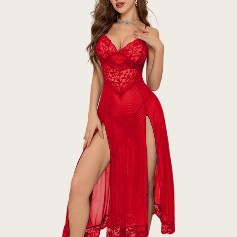 Babydoll Chemise Night - セクシーランジェリーパジャマ、エキゾチックなベビードール、ホットでセクシーな花柄レースの深いVネックロングナイトドレス、Tバック付き、魅惑的な女性用ランジェリーセット