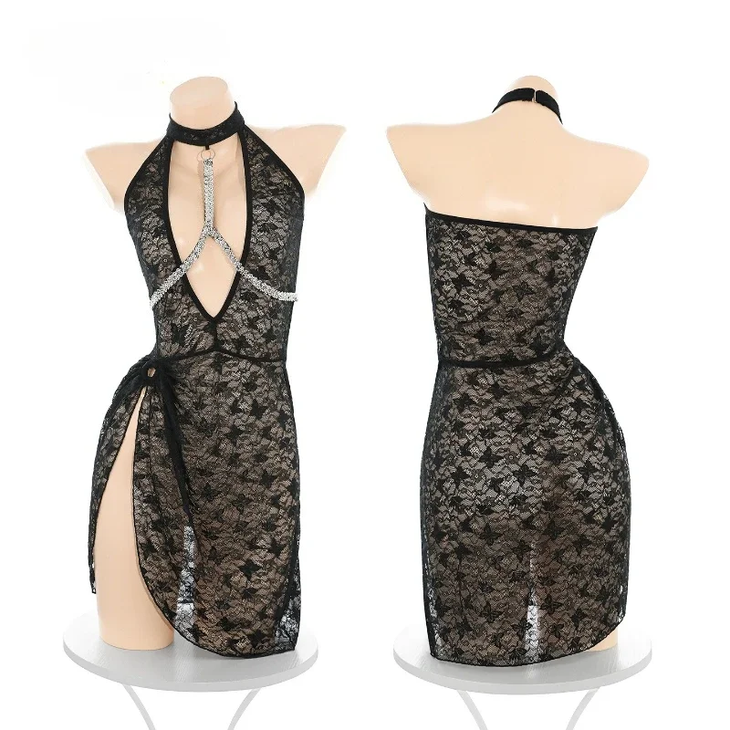 Babydoll Chemise Night - エロティックなフルレースのランジェリードレス、チェーン付きメッシュのベビードール、手袋付き、セクシーな深Vネック、透け感のあるナイトガウン、スリット入りのテディドレス、スリープウェア、ナイトドレス、セクシーなレーストリムのホームパジャマ、ラウンジウェア、メーカーによる大量供給、卸売価格、工場直送。