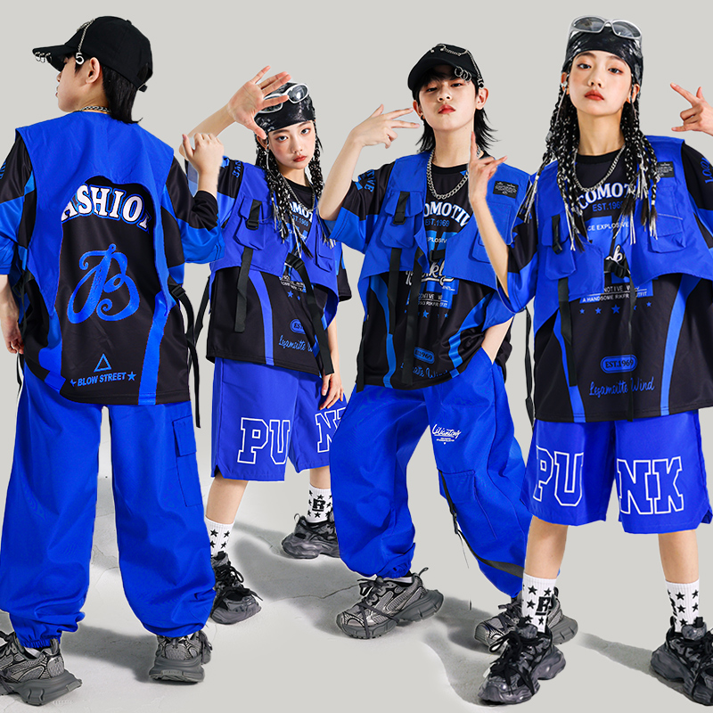 Boyshort Underwear - 男の子ヒップホップブルー Tシャツカーゴパンツストリートダンスショーツ女の子 K-POP ジャズ衣装子供クールな服セット子供ストリート