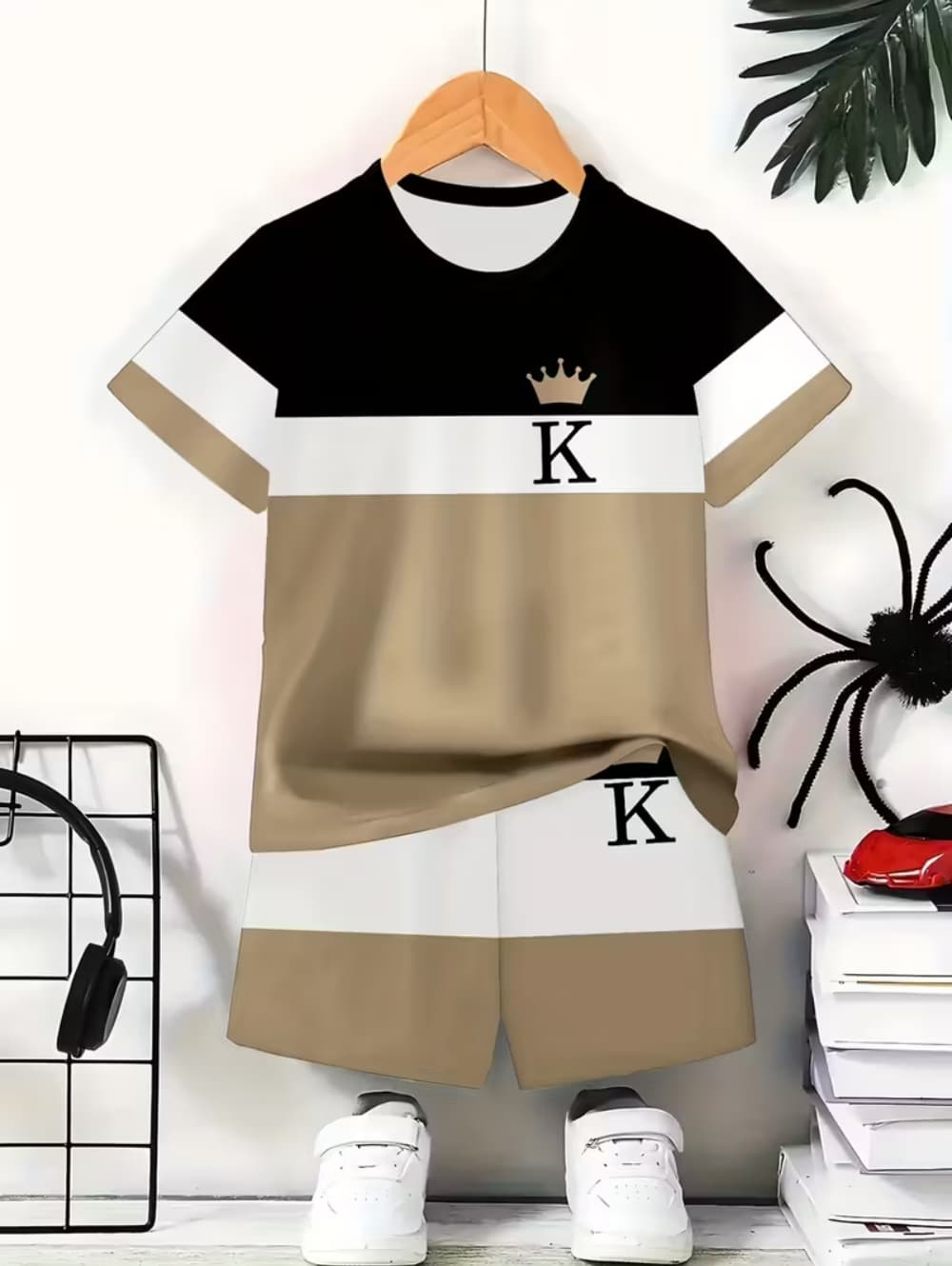 Boyshort Underwear - 男の子用カジュアル服 カラーグラデーションブロック 半袖Tシャツ ショートパンツセット 2点セット 快適なアウトドアスポーツシャツ